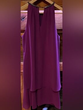 Sleeveless Beaded Neckline Layered Purple Dress